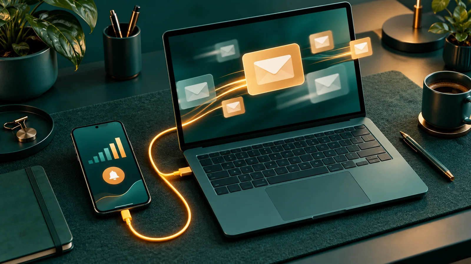 Laptop dan ponsel terhubung di meja, menampilkan bentuk kampanye email dan peringatan performa abstrak.