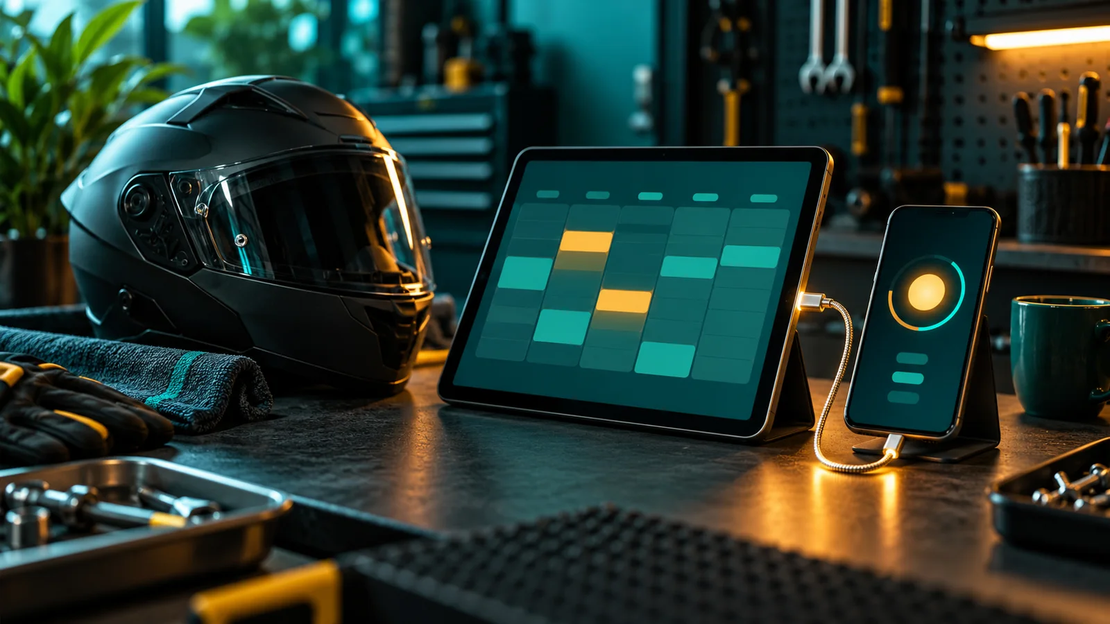 Tablet jadwal kunjungan terhubung ke ponsel teknisi di meja bengkel, dengan helm motor di sampingnya.