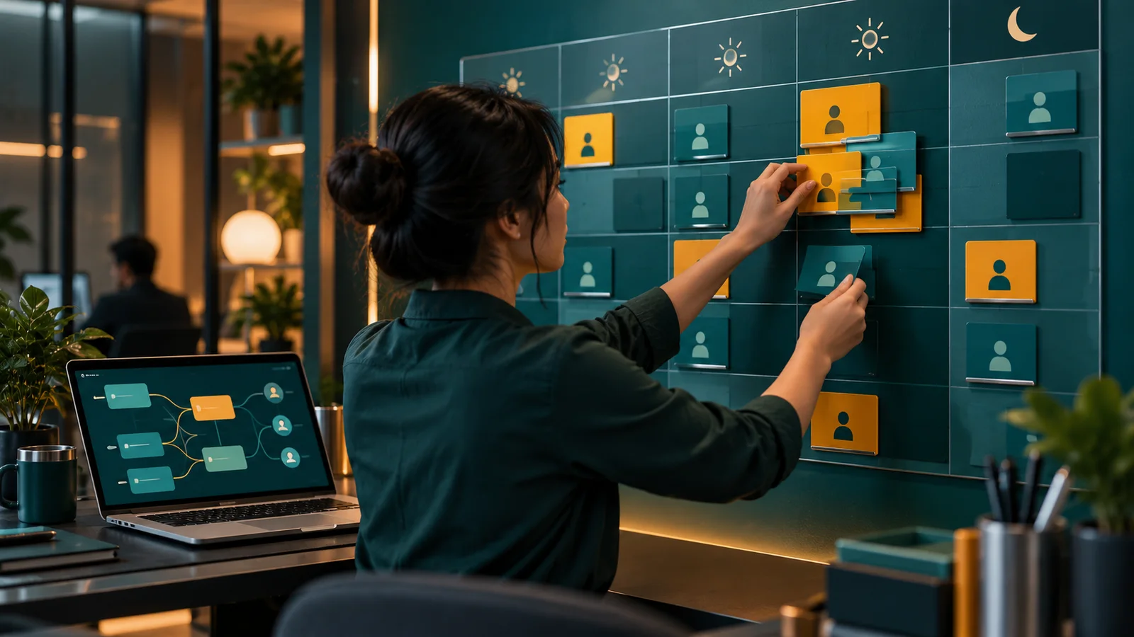 Tangan planner menyusun jadwal shift pada papan, dengan satu slot penuh dan layar laptop berisi bentuk abstrak.