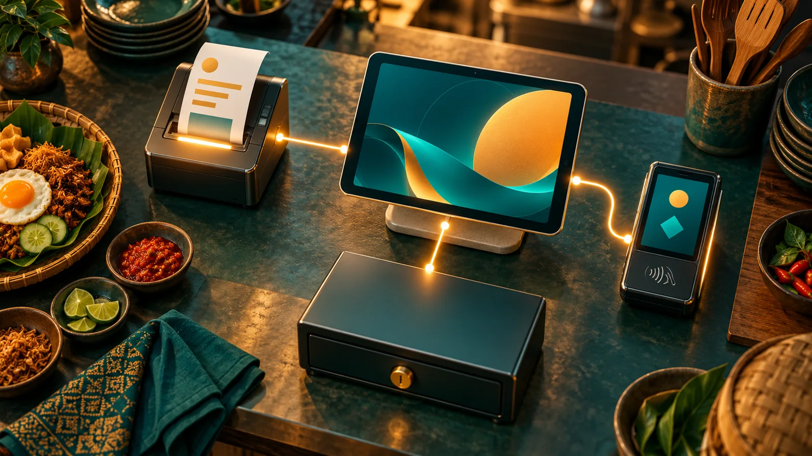 Tablet POS restoran terhubung ke tiket dapur, pembayaran, dan laci kas tertutup dalam satu alur kerja.
