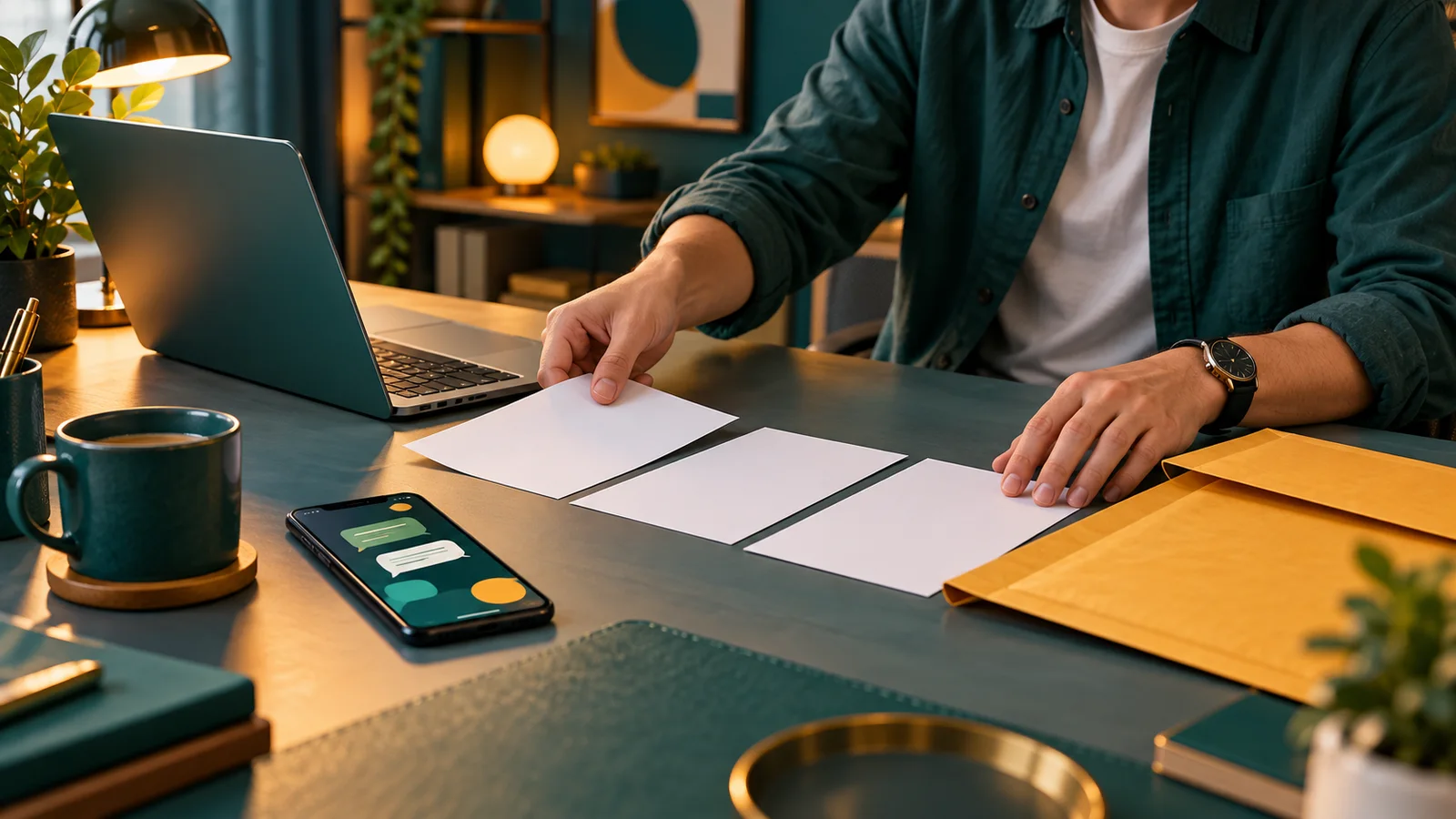 Pemilik usaha menyusun formulir penjualan kosong dari laptop ke map invoice di meja kerja.