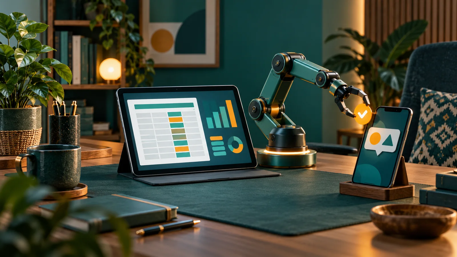 Lengan mekanis otomatis memeriksa dashboard KPI abstrak di tablet lalu mengirim tanda ke ponsel.