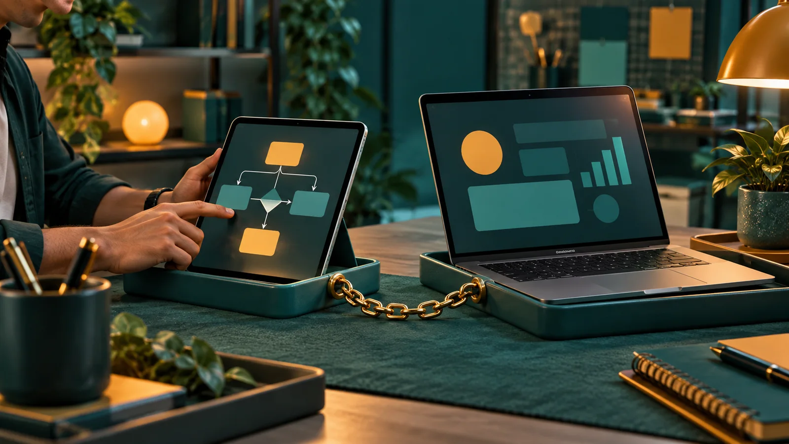 Pemilik usaha menghubungkan tablet berisi blok alur abstrak ke laptop di meja kerja sederhana.