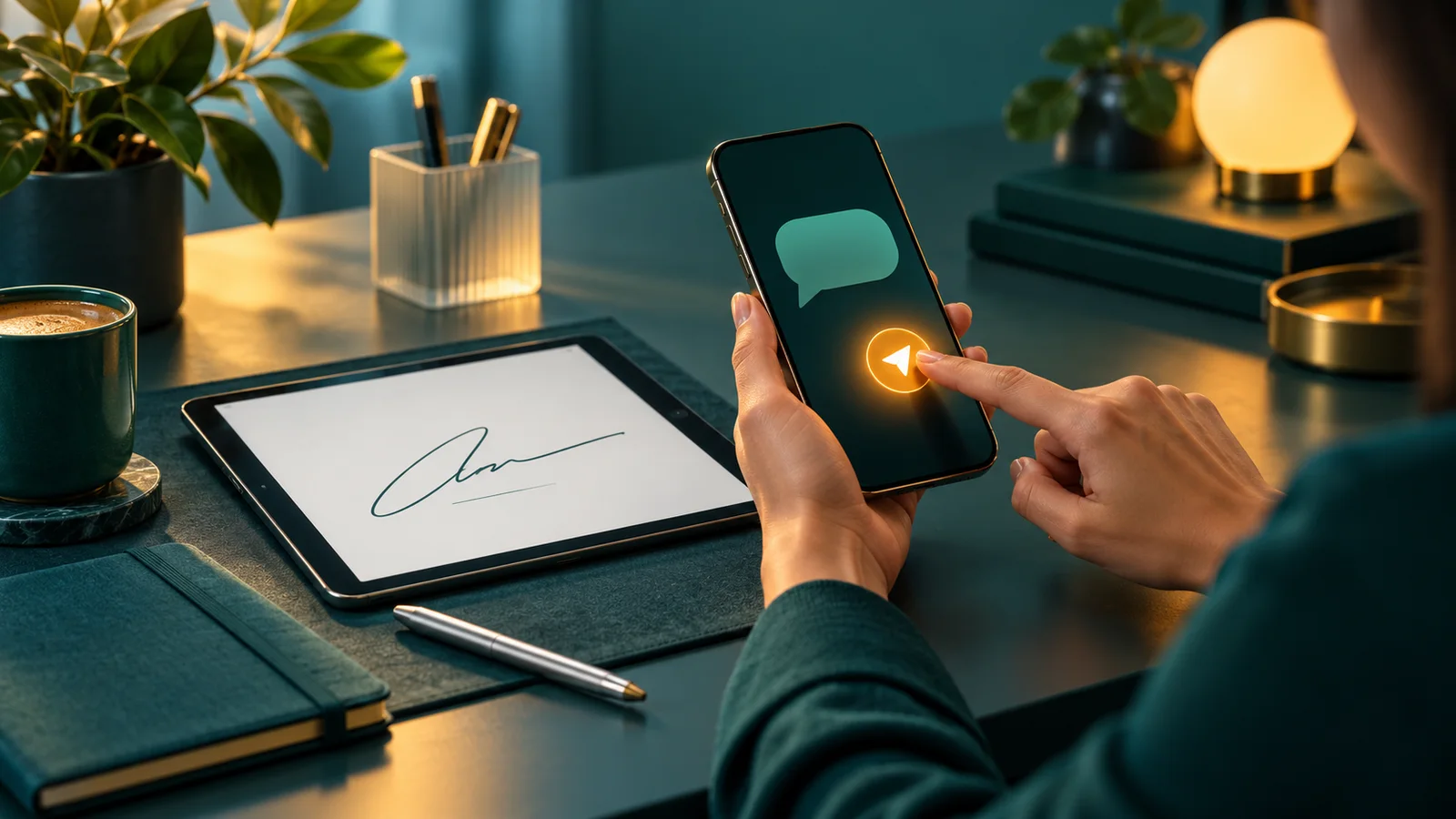 Pemilik usaha mengirim pengingat lewat ponsel saat dokumen tanda tangan terbuka di tablet.