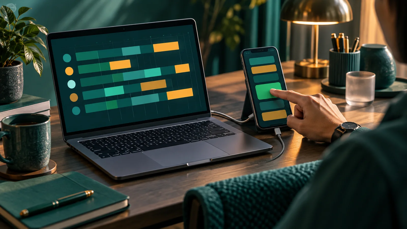 Manajer menyetujui timesheet di ponsel yang terhubung ke laptop dengan ringkasan blok waktu tim.