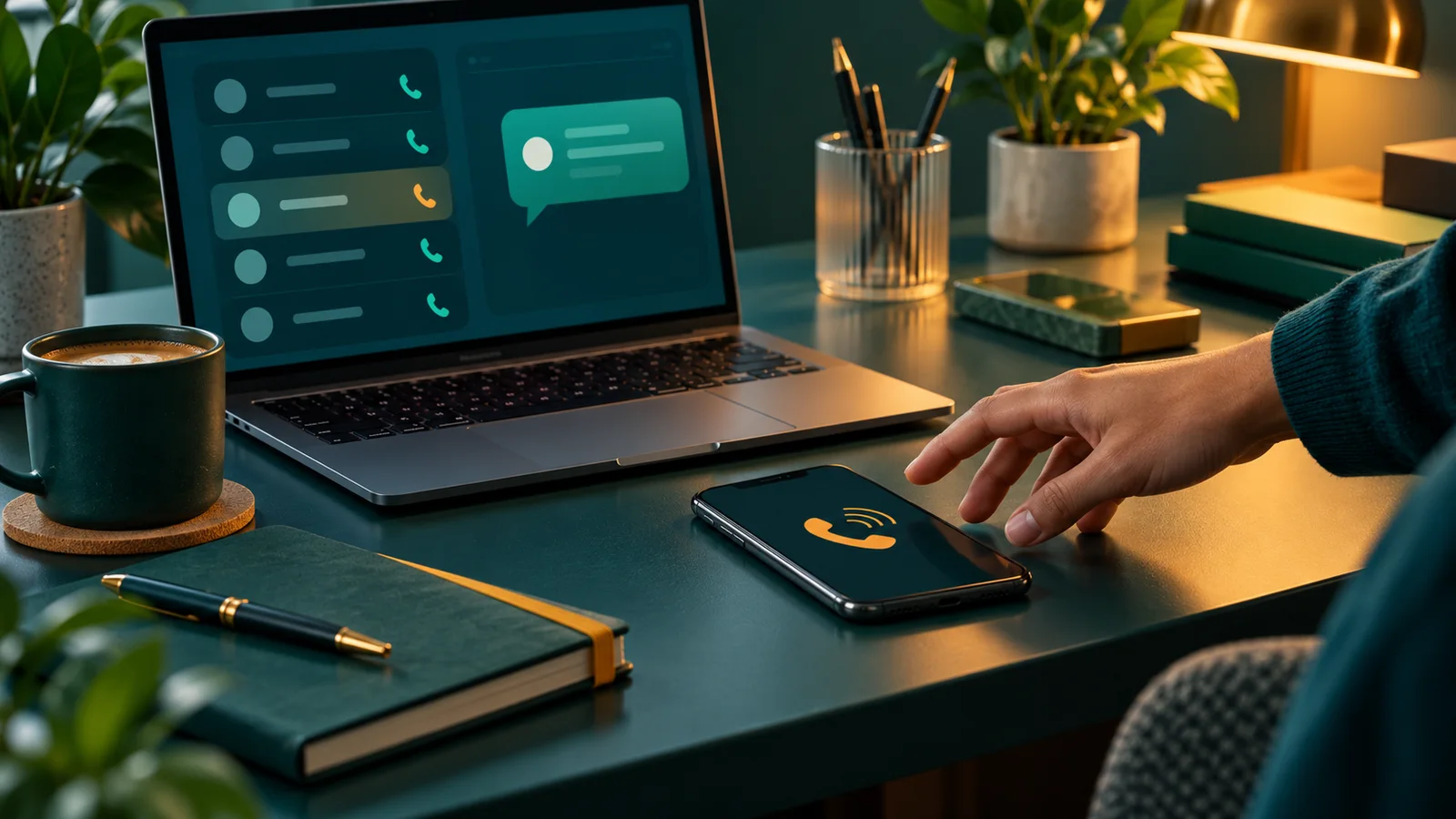 Pemilik usaha menindaklanjuti panggilan tak terjawab dengan ponsel di samping laptop berisi log panggilan abstrak.