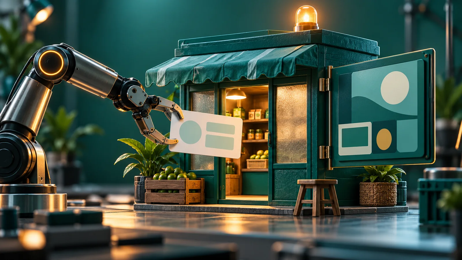 Model warung dengan mekanisme cakar yang memproses formulir, membuka halaman, dan menyalakan peringatan perubahan.