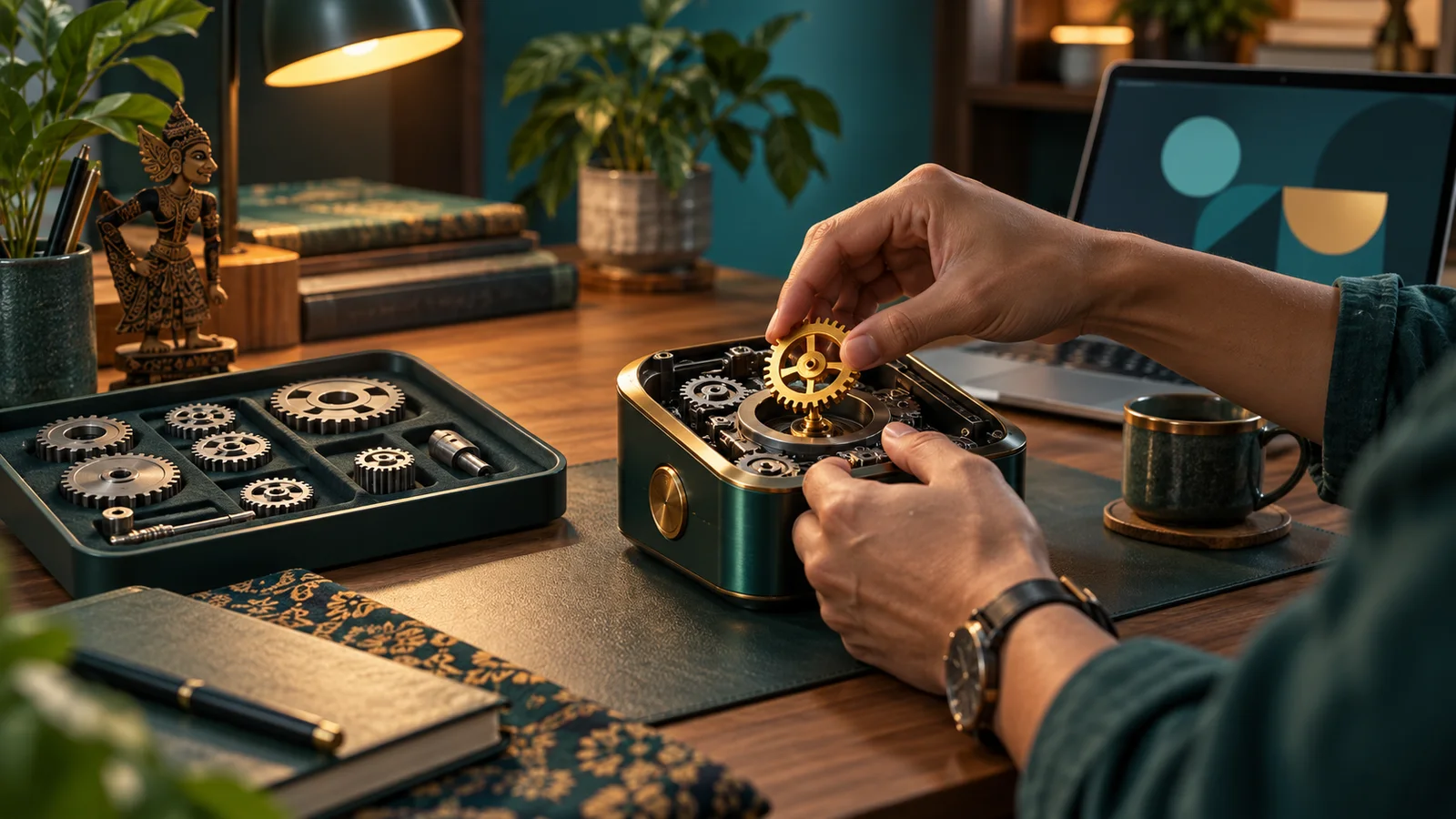 Tangan founder memasang satu gir khusus pada alat booking, sementara gir standar siap digunakan di meja.