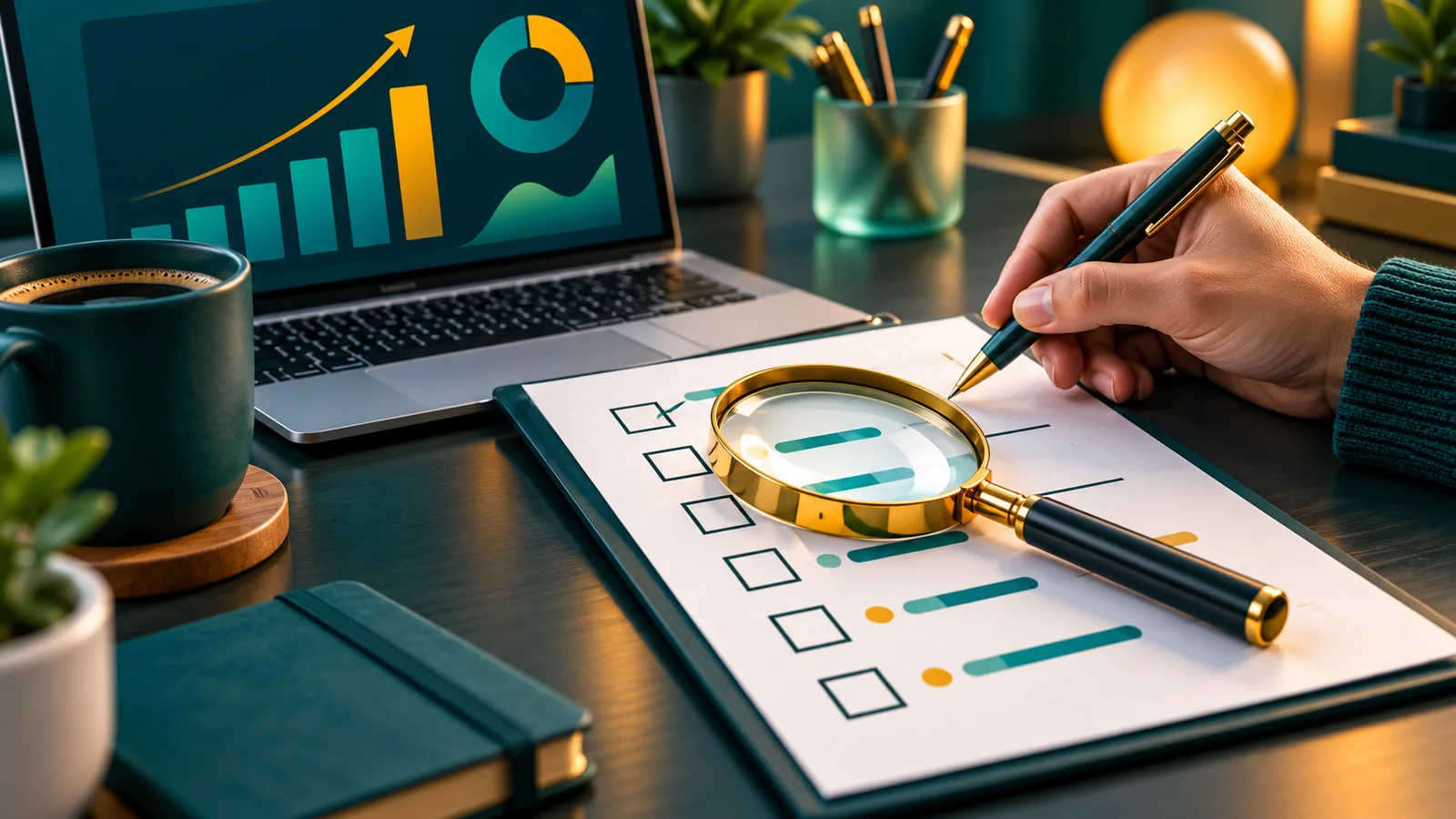 Tangan meninjau checklist audit di samping laptop dan kaca pembesar.