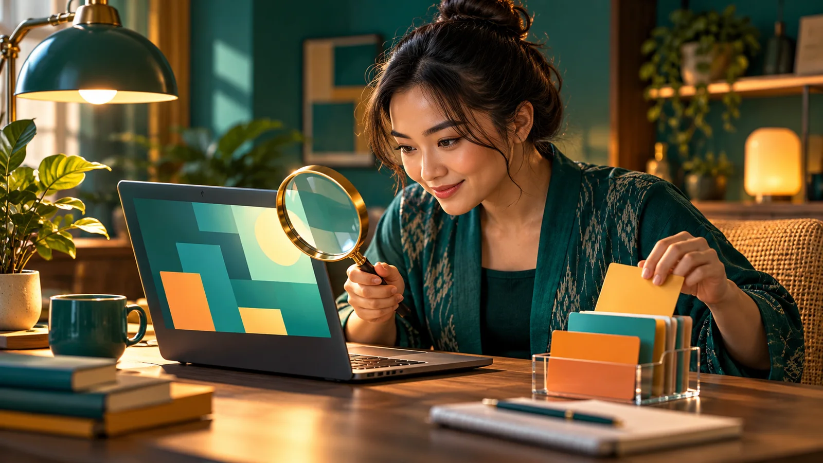 Pemilik usaha memeriksa laptop dengan kaca pembesar dan menyusun kartu prioritas audit SEO.