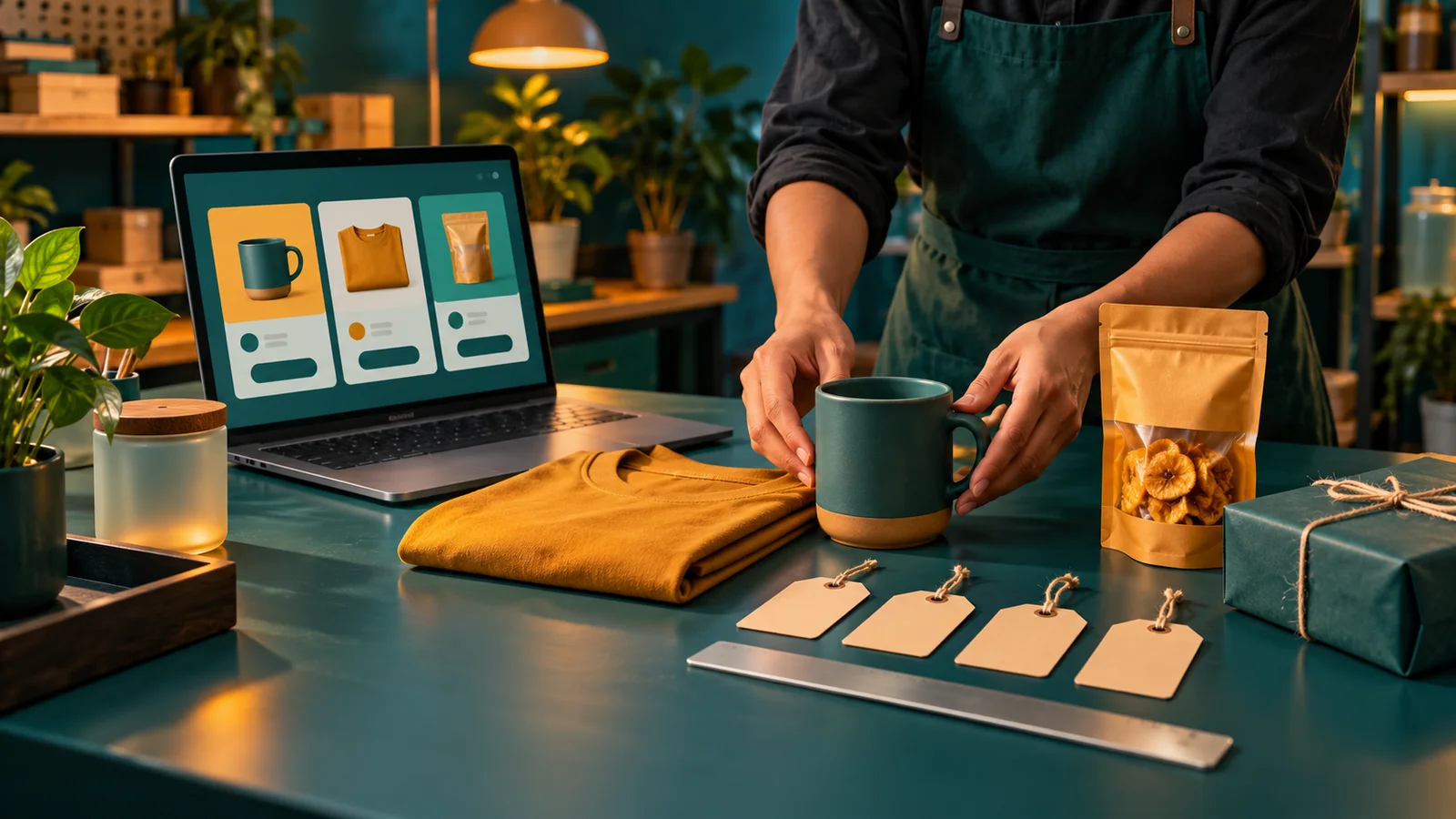 Pemilik toko menata produk dan memeriksa katalog abstrak di laptop sebelum menyiapkan iklan belanja.