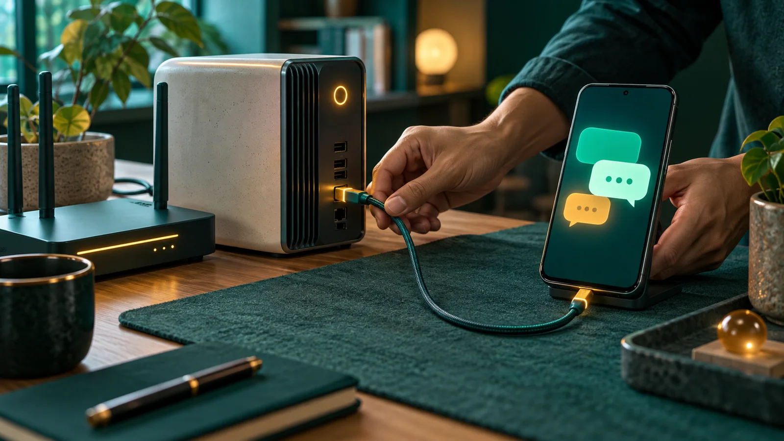 Tangan menghubungkan server kecil ke router dan ponsel dengan gelembung chat abstrak.