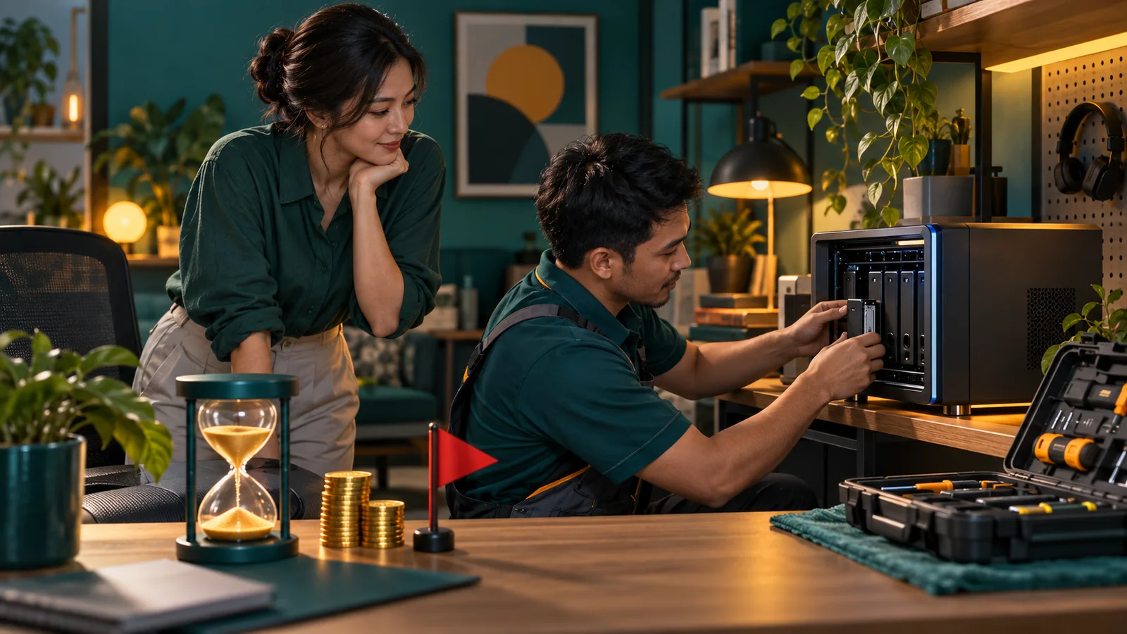 Pemilik usaha memeriksa instalasi server, dengan jam pasir, tumpukan koin, dan bendera peringatan.