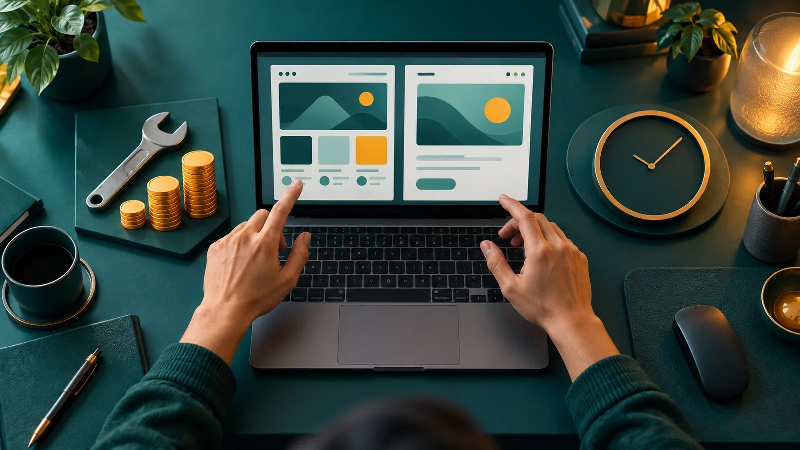 Laptop menampilkan perbandingan halaman landing modular dan sederhana dengan simbol perawatan serta biaya berulang.