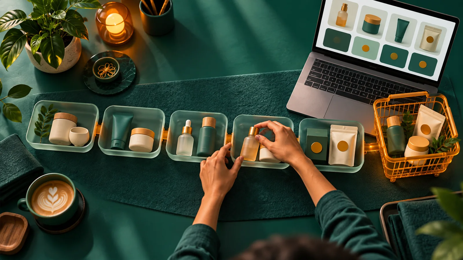 Tangan menata produk melalui lima baki menuju laptop dan keranjang belanja di meja usaha kecil.