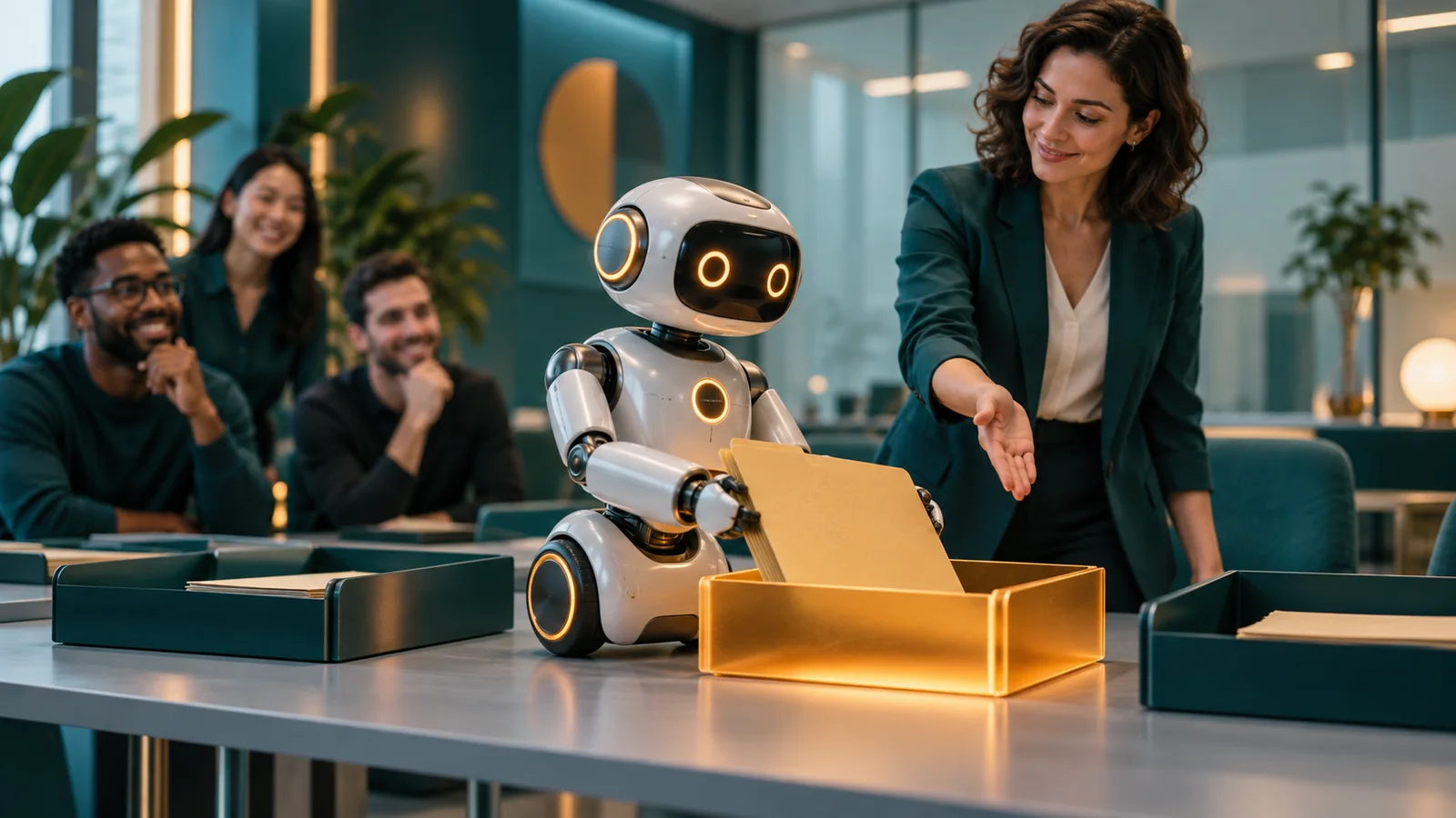 Instruktur melatih robot kantor mengikuti alur kerja dengan satu gerbang persetujuan manusia.