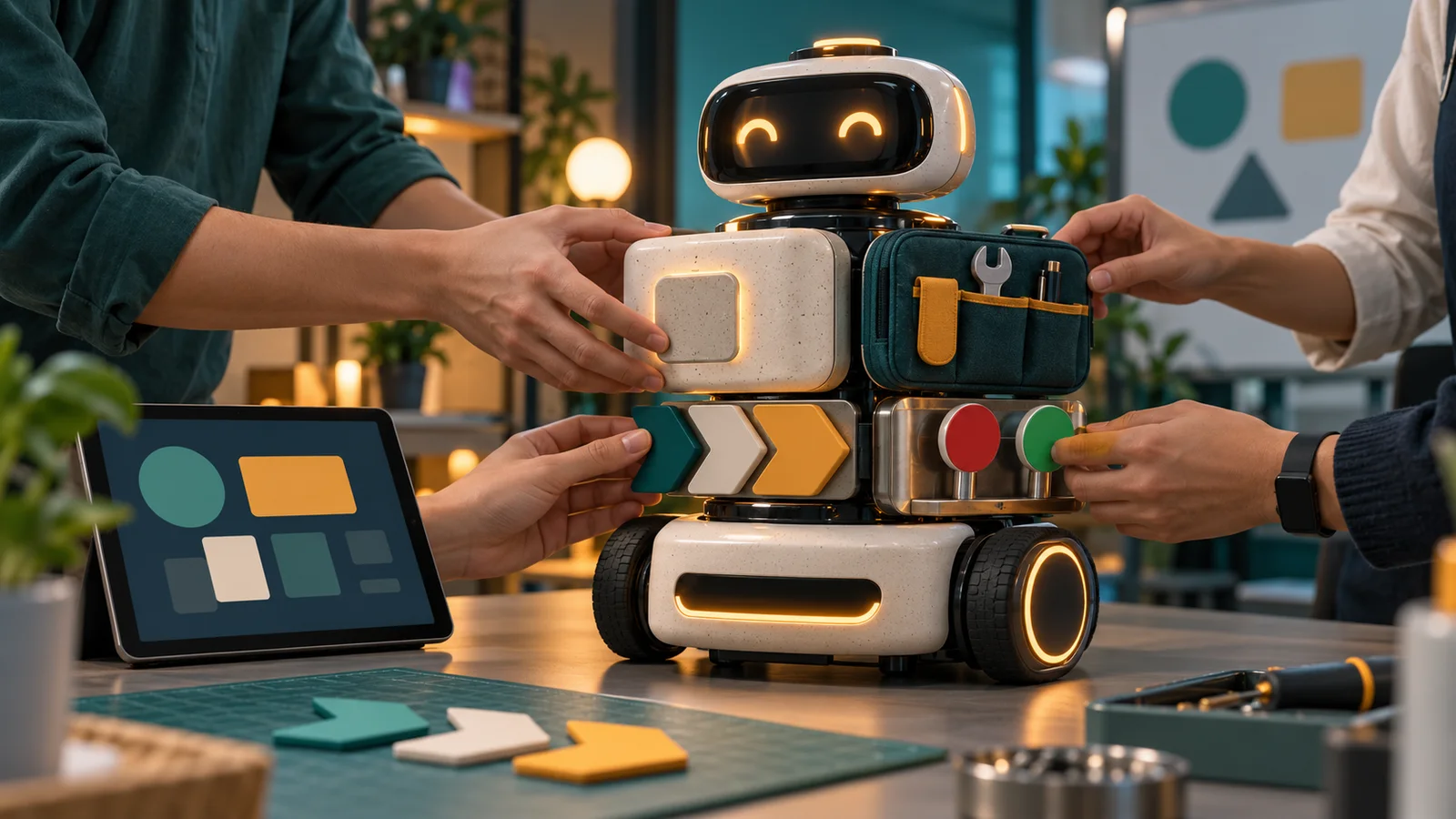 Robot layanan kecil dirakit dengan modul memori, alat kerja, alur SOP, dan gerbang persetujuan dalam pelatihan perusahaan.