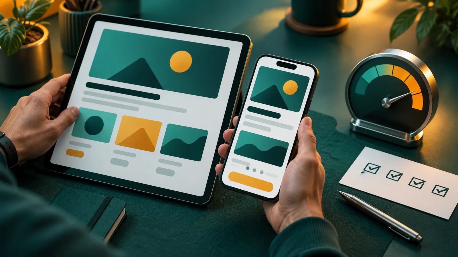 Tangan desainer membandingkan halaman landing page abstrak di ponsel dan tablet.
