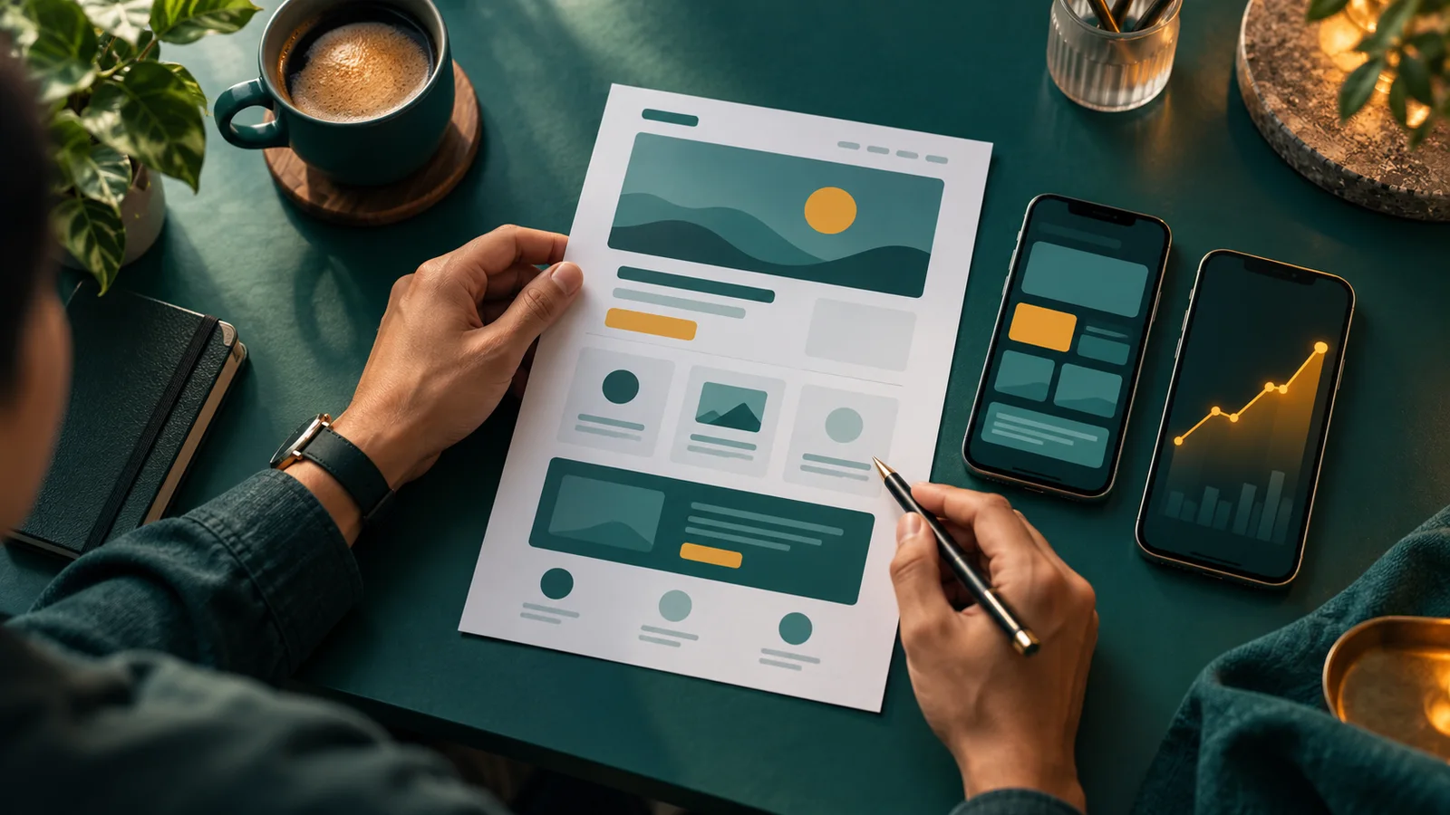 Pemilik usaha memeriksa mockup landing page dan pelacakan konversi di meja kerja.
