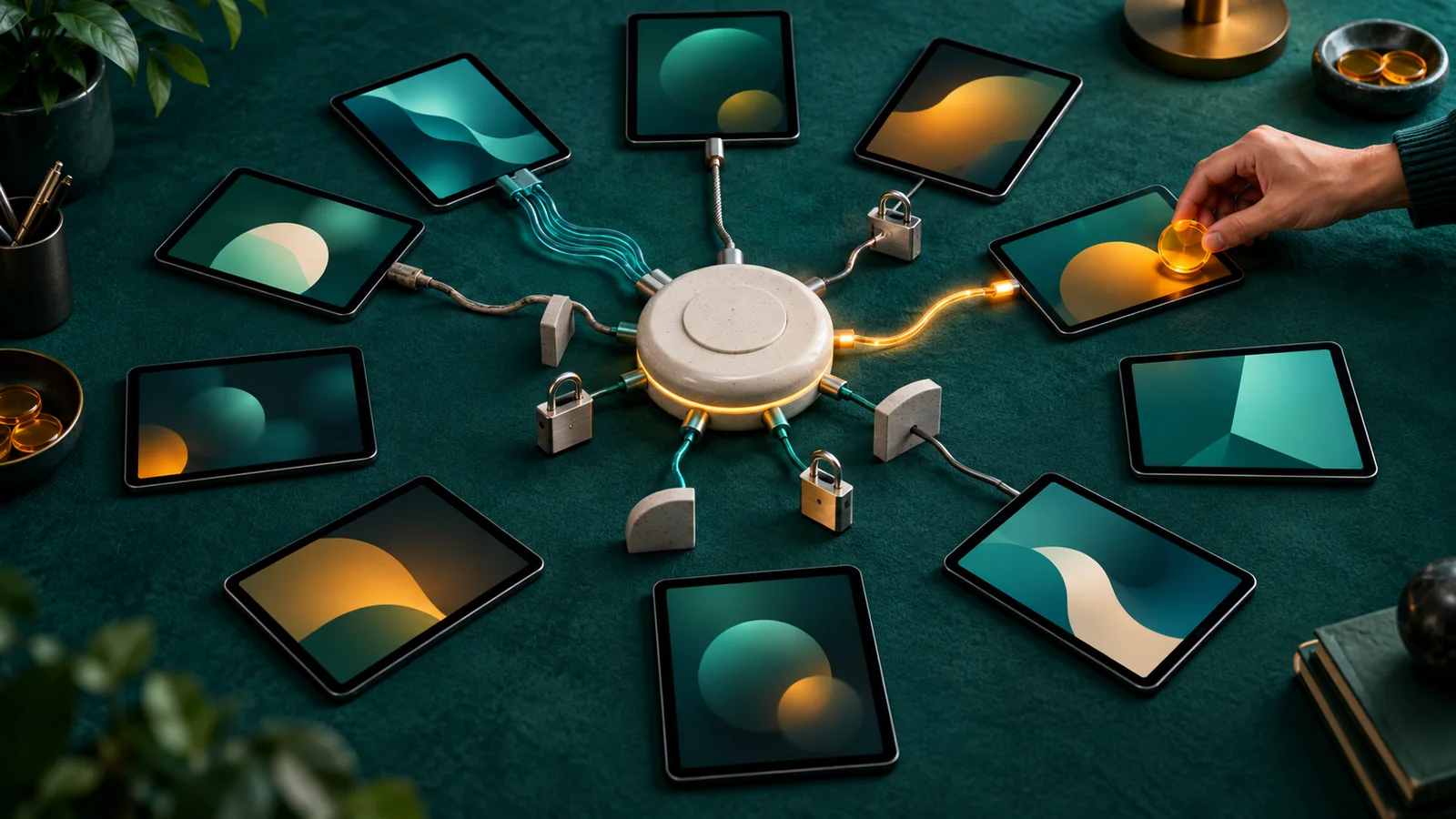 Sepuluh tablet tanpa merek terhubung berbeda ke hub, dengan kabel, jalur web, kunci, dan token persetujuan.
