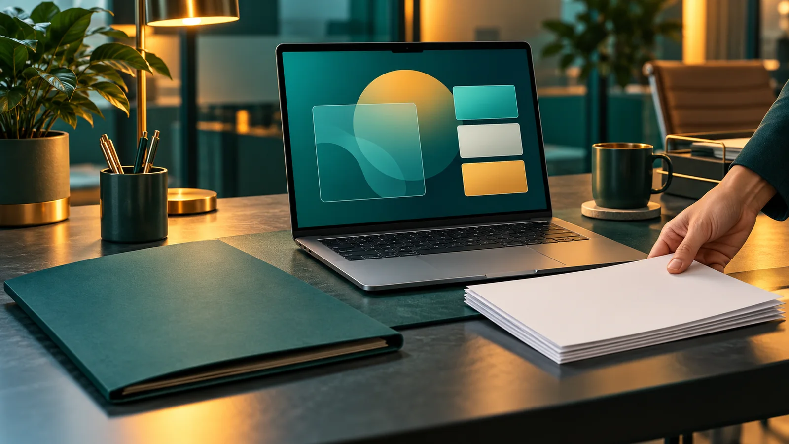 Startup company folder beside a laptop with an abstract welcome panel and blank eligibility forms.