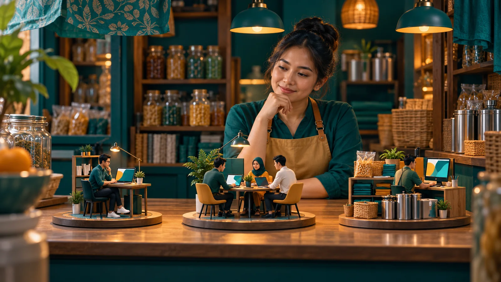 Pemilik warung membandingkan konsultan marketing, tim agensi, dan karyawan in-house lewat tiga miniatur setup kerja.