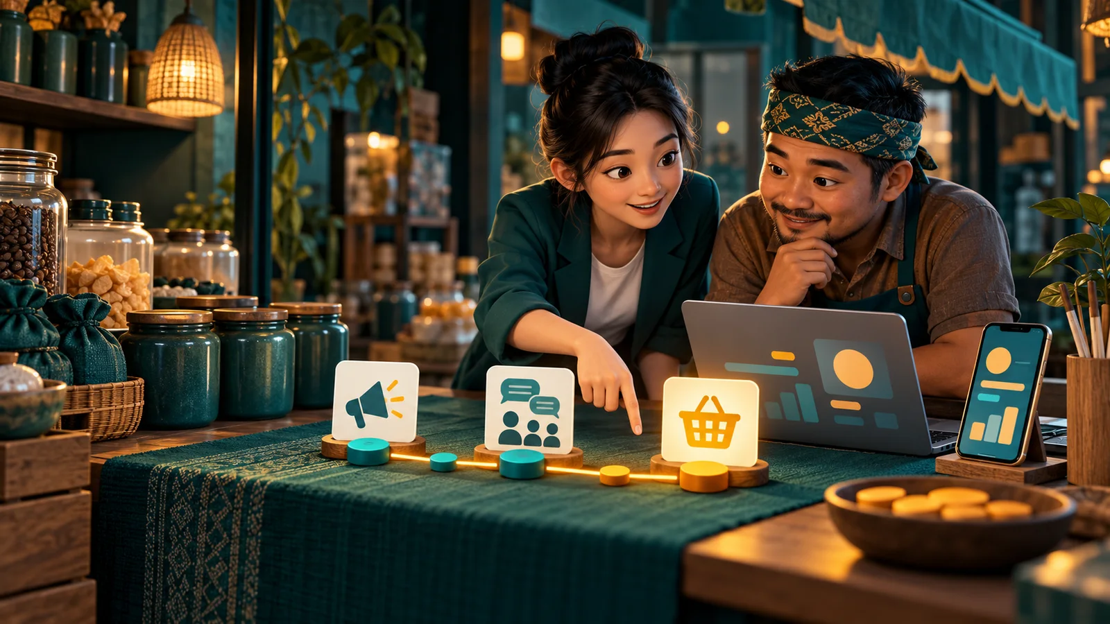 Konsultan dan pemilik warung meninjau alur pemasaran dari iklan hingga pembelian dengan perangkat digital.