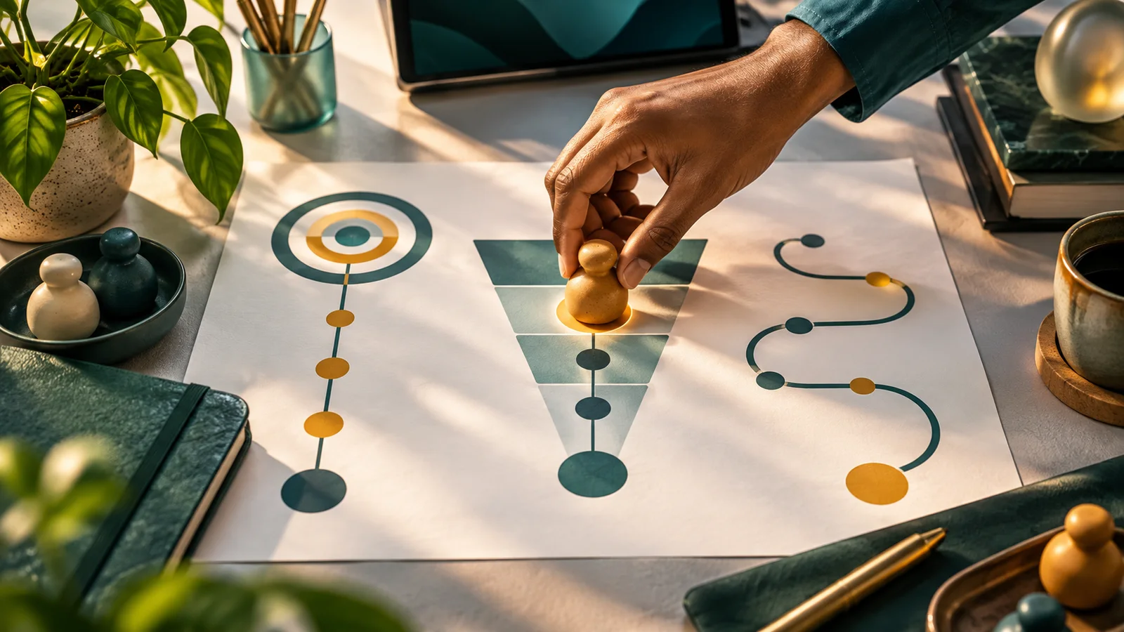 Tangan pemilik usaha memilih satu dari tiga diagram strategi pemasaran di atas meja.