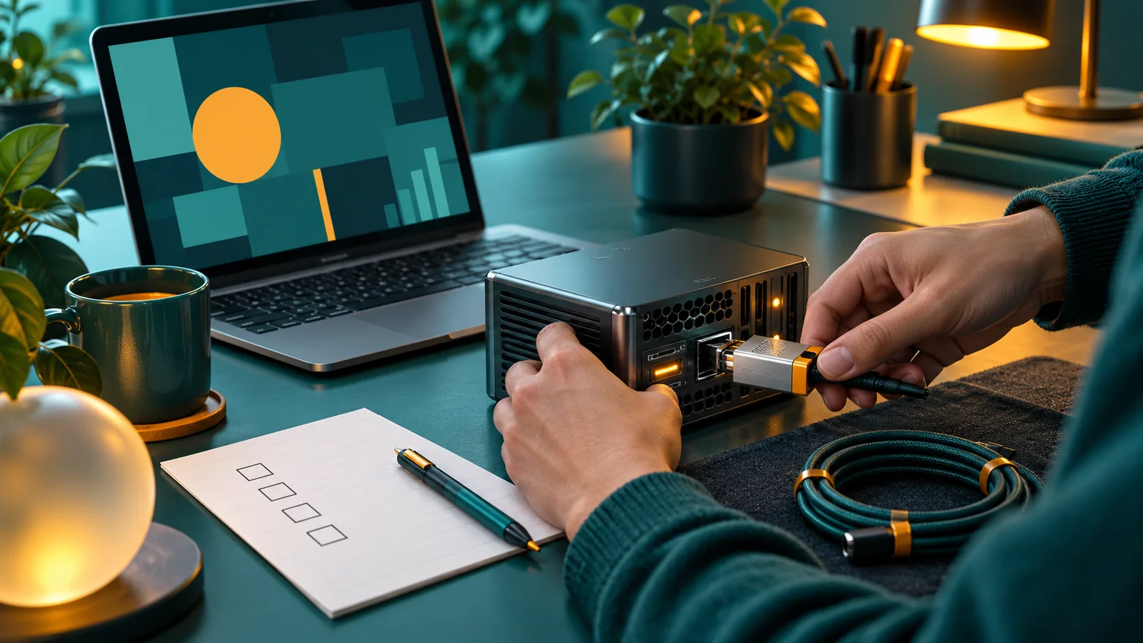 Tangan mengganti konektor server di samping laptop dan checklist kosong untuk upgrade SDK yang aman