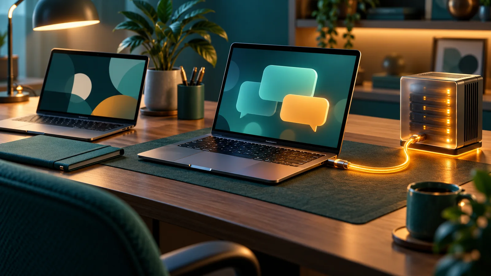 Laptop chat terhubung ke server kecil, terpisah dari folder lokal di meja kerja rumah.