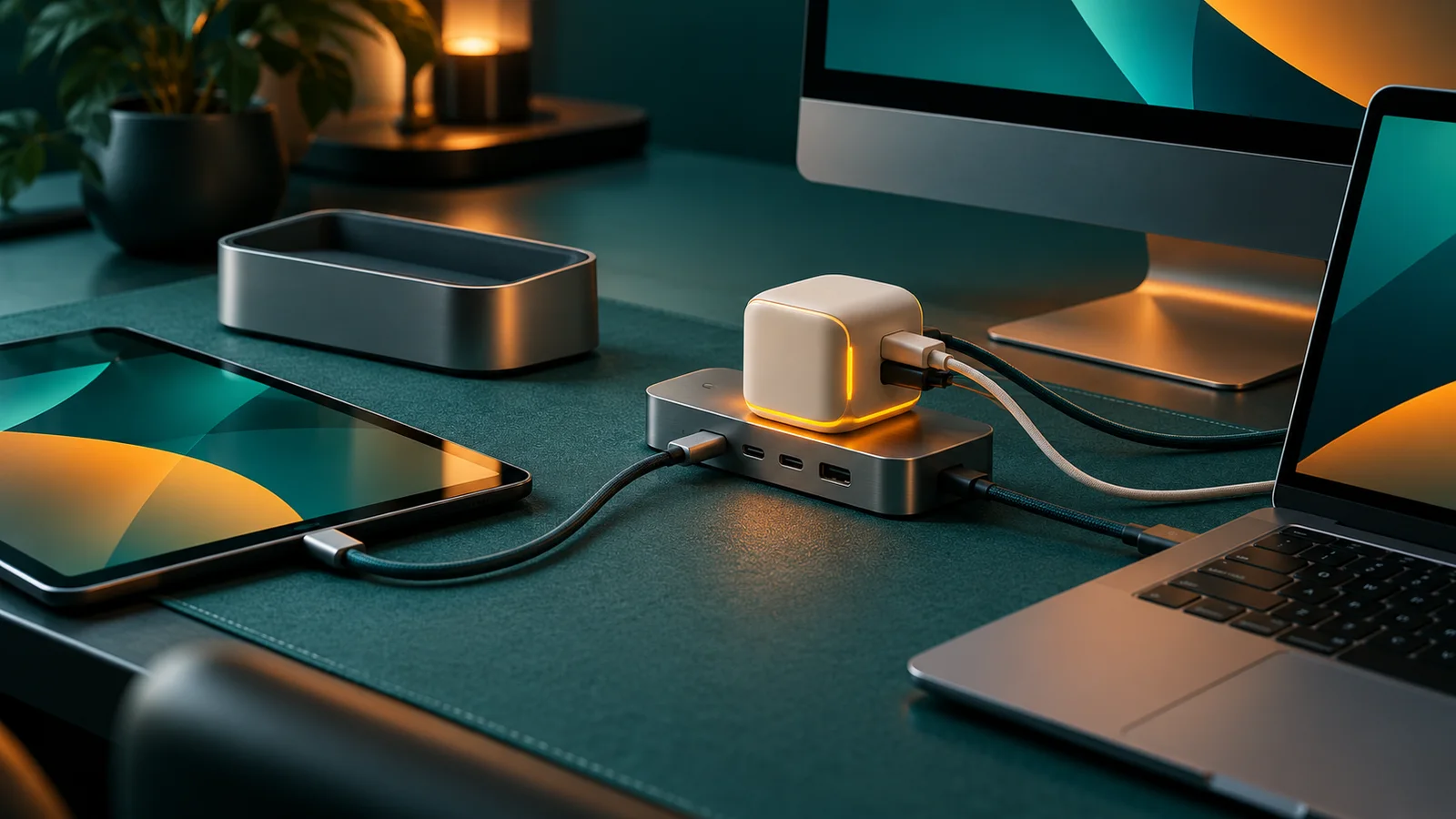 Satu adaptor terhubung ke hub bersama untuk laptop, tablet, dan komputer, sementara dock terpisah tidak tersambung.