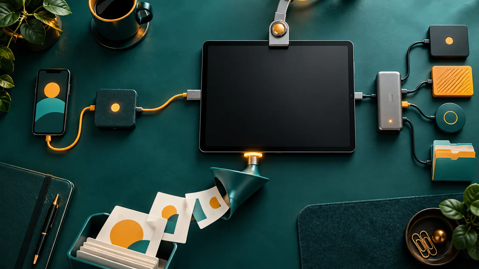 Meja kerja menampilkan tablet pusat dengan empat cara fisik menghubungkan aplikasi, alat, dan dokumen.