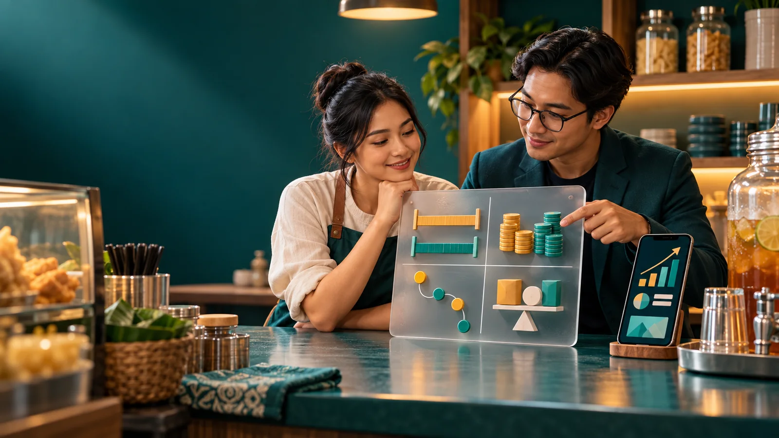 Pemilik warung dan konsultan meninjau rencana iklan digital transparan dengan anggaran, pelacakan, dan batas kerja yang jelas.