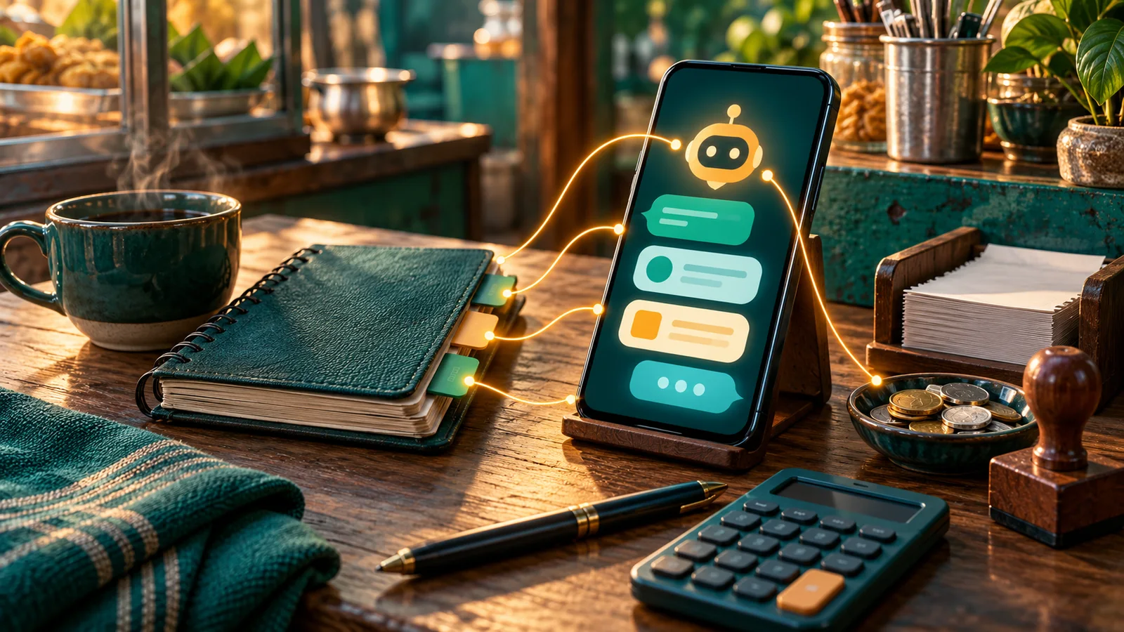 Ponsel dengan bentuk chat abstrak, buku bertab, dan alat usaha tertata di meja warung.