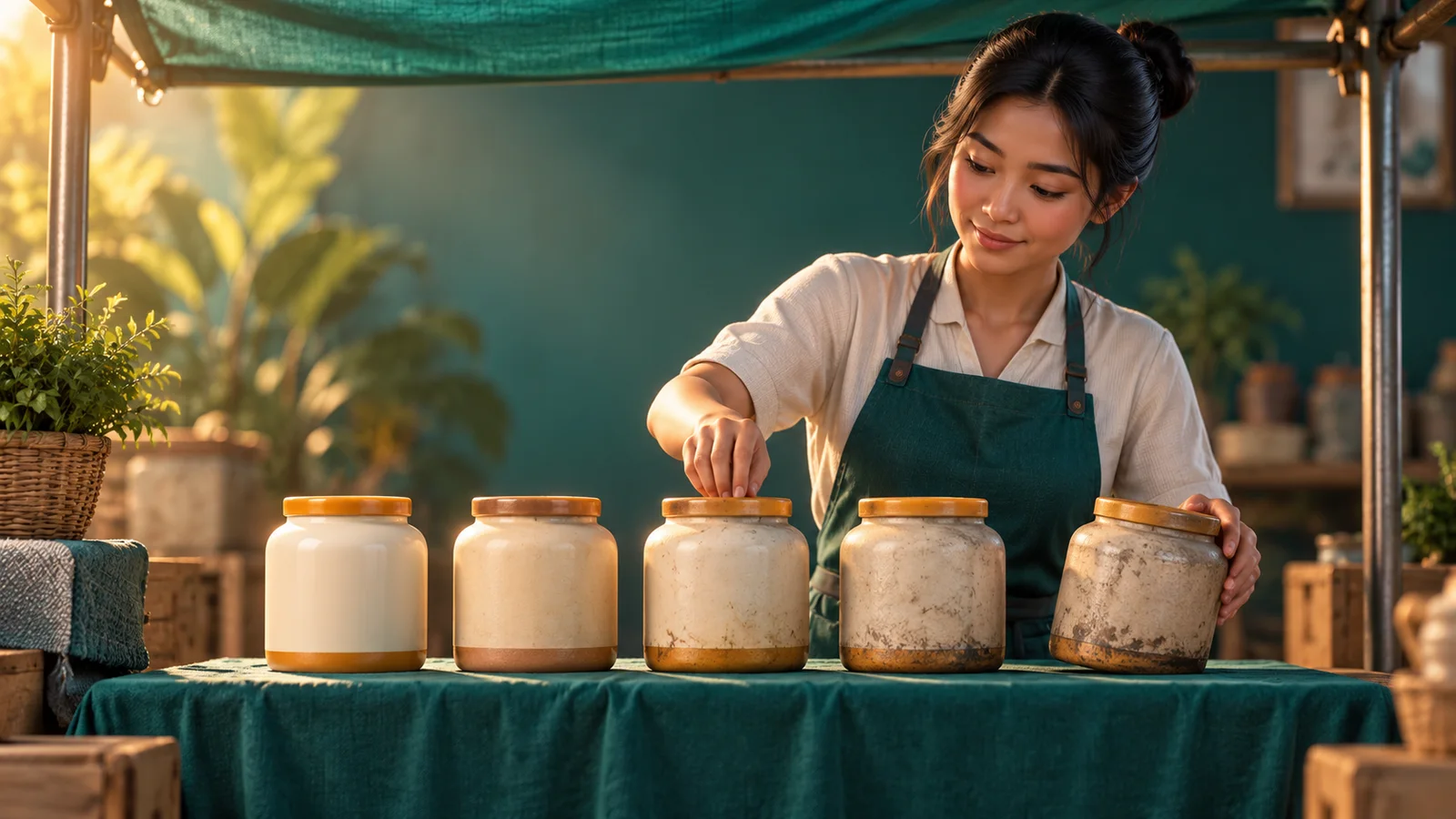 Pemilik warung menyusun produk yang sama berulang kali, lalu menyingkirkan satu yang terlalu sering muncul.