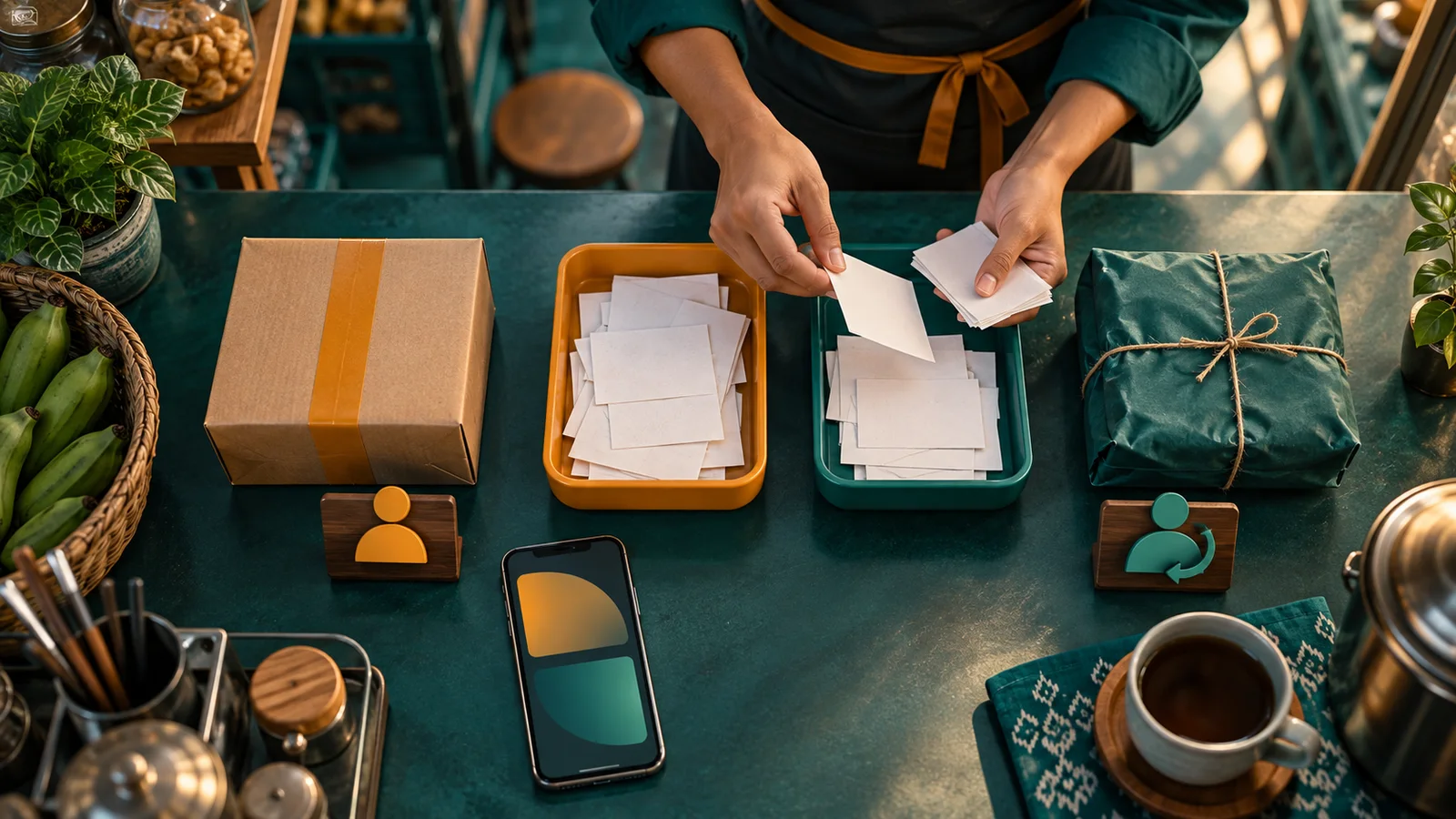 Warung owner’s hands sort new and returning customer transactions into two separate trays