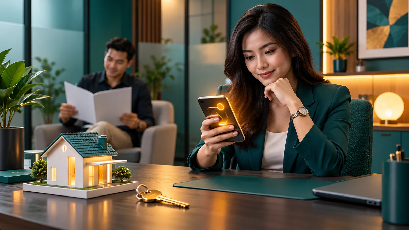 A property agent checks a phone and house key after a prospective buyer views a property.
