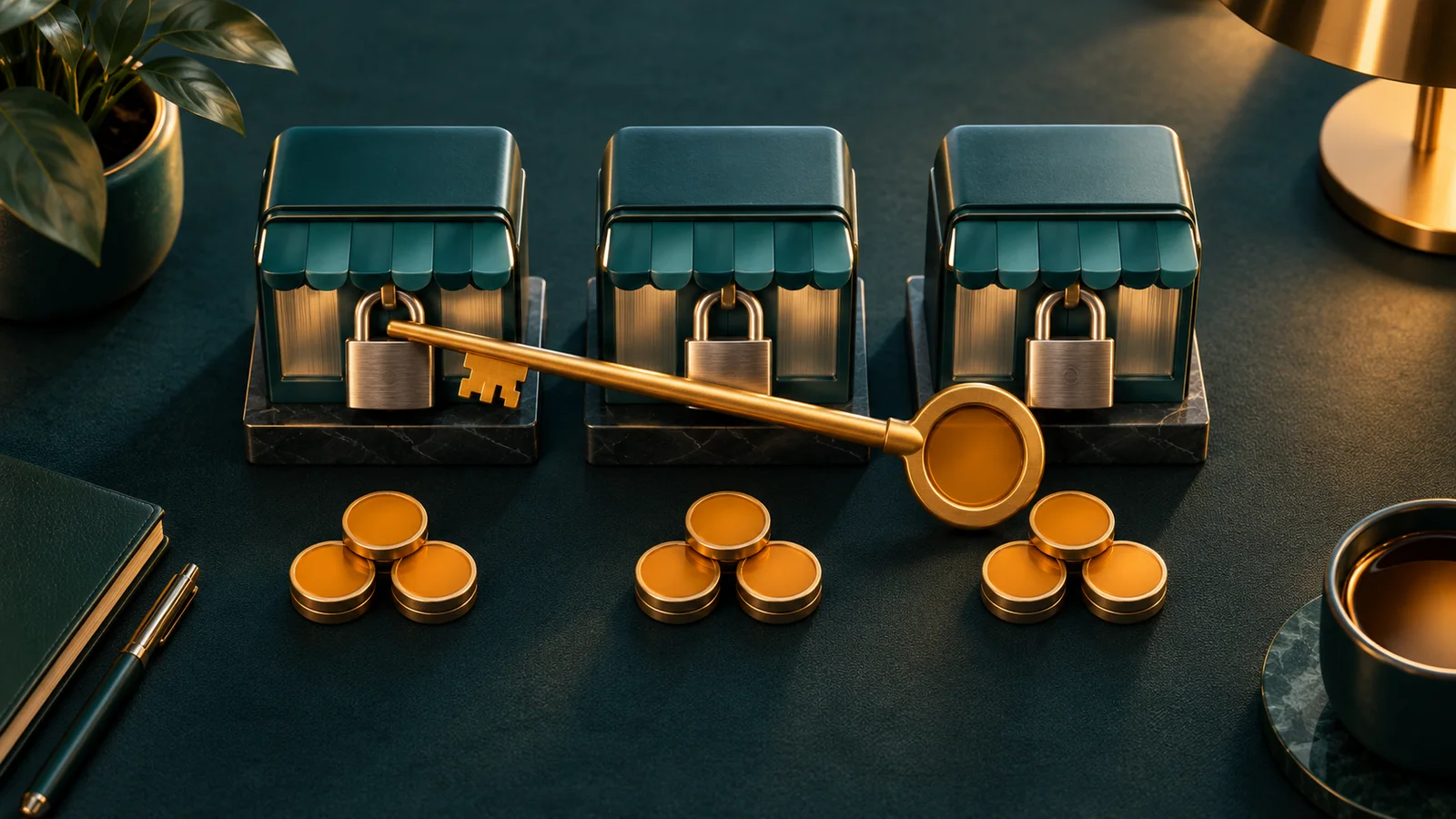 One key for three identical budget boxes, symbolizing uniform rules and approval across multiple business locations.