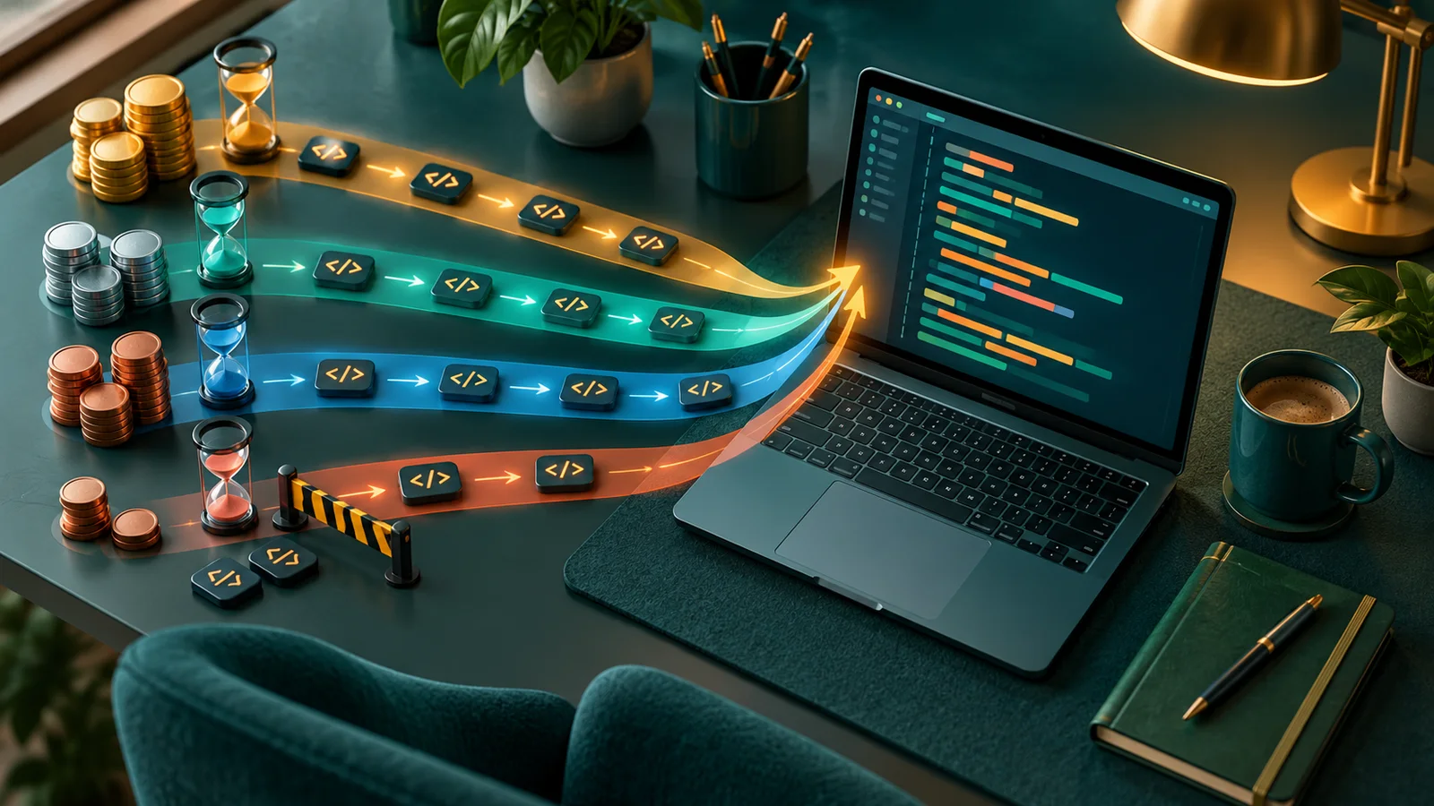 Laptop dengan empat jalur tugas coding, koin, jam pasir, dan penghalang untuk membandingkan biaya AI per task.