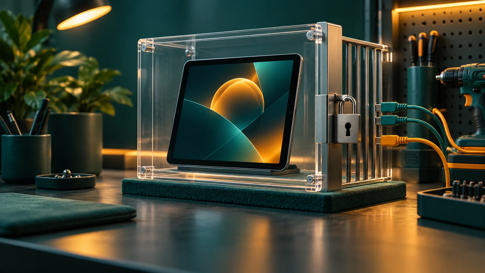 Tablet tanpa tulisan dikurung pagar akrilik, dengan kabel menuju alat kerja tertahan gerbang pengaman.