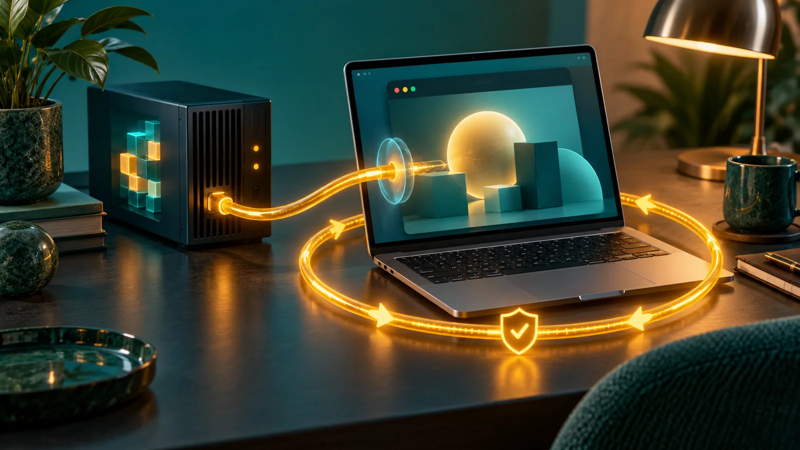 Laptop dan server kecil terhubung kabel berbentuk terowongan, menggambarkan OAuth localhost dan loop consent di VPS.