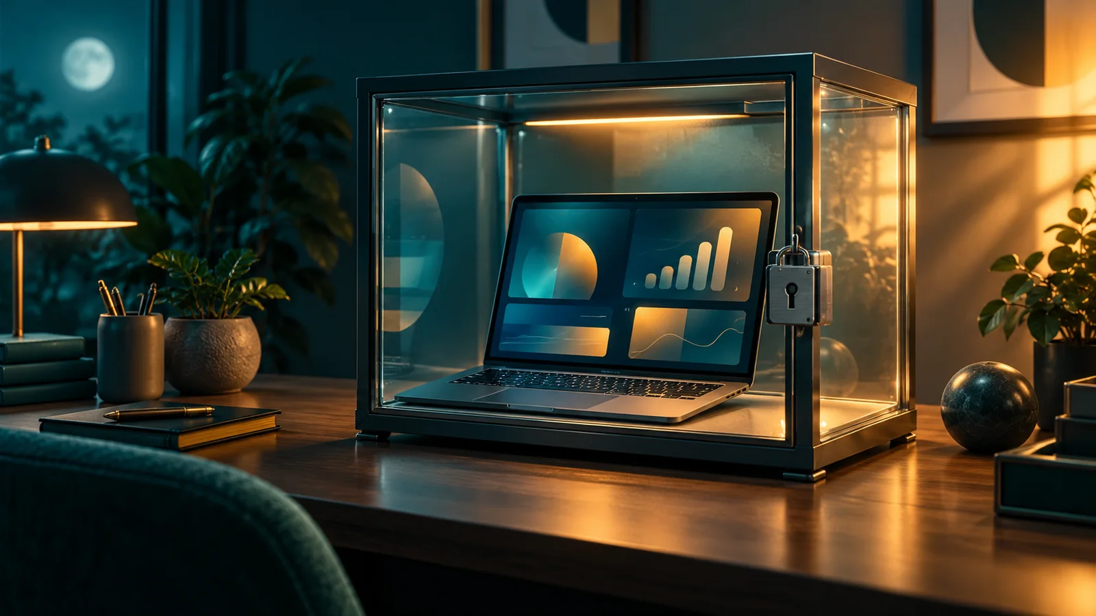Laptop bekerja sendiri dalam kabinet terkunci, dengan cahaya malam dan pagi yang menandakan operasi tanpa henti.