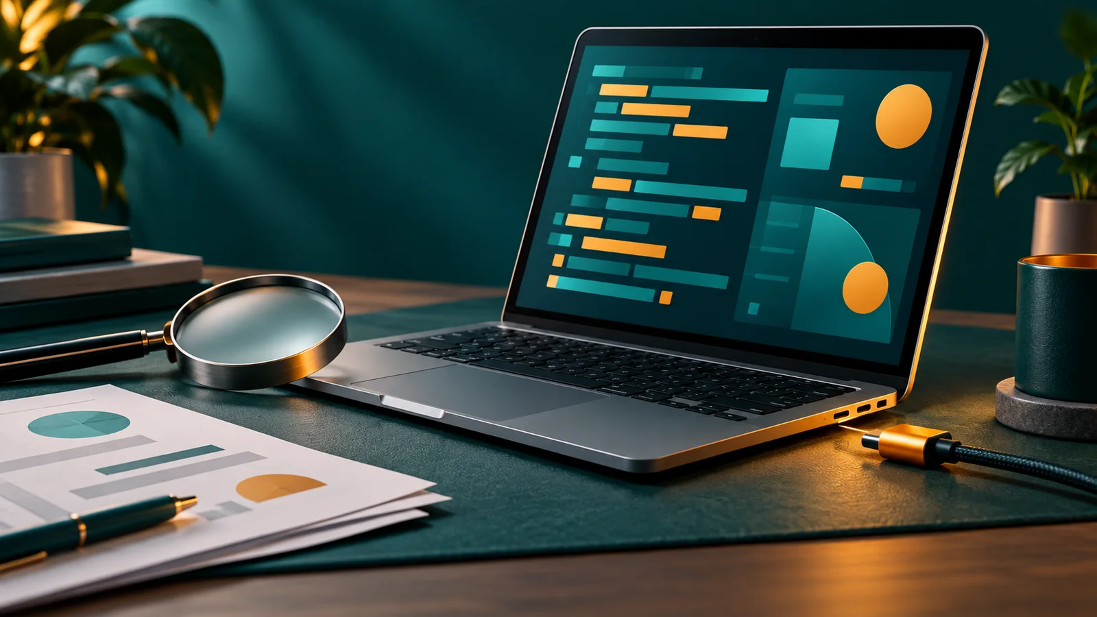 Laptop dengan blok abstrak, kaca pembesar, dan kabel yang belum terhubung di meja kerja.