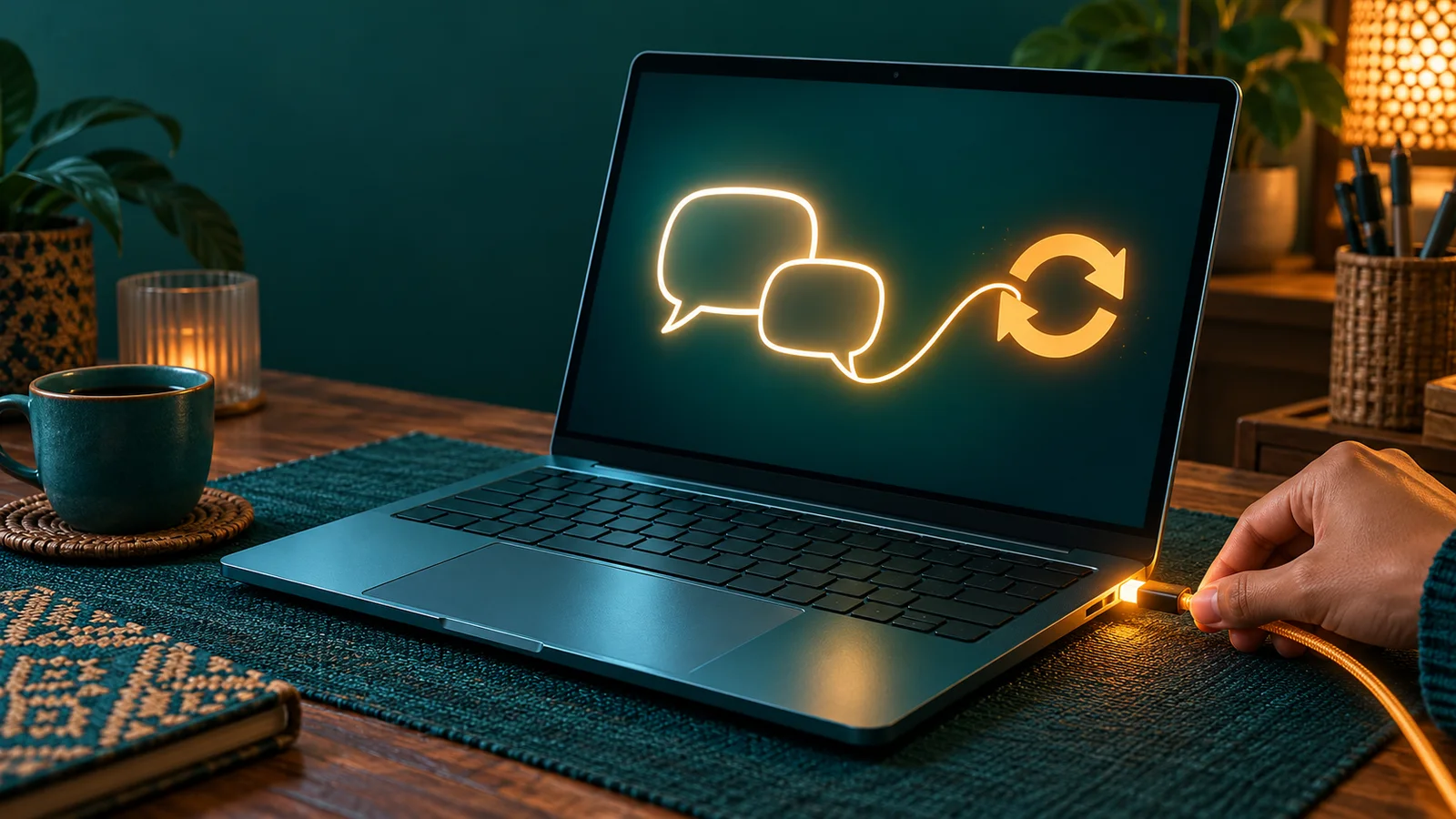 Laptop dengan gelembung percakapan abstrak tetap terhubung saat kabel daya disambungkan kembali.