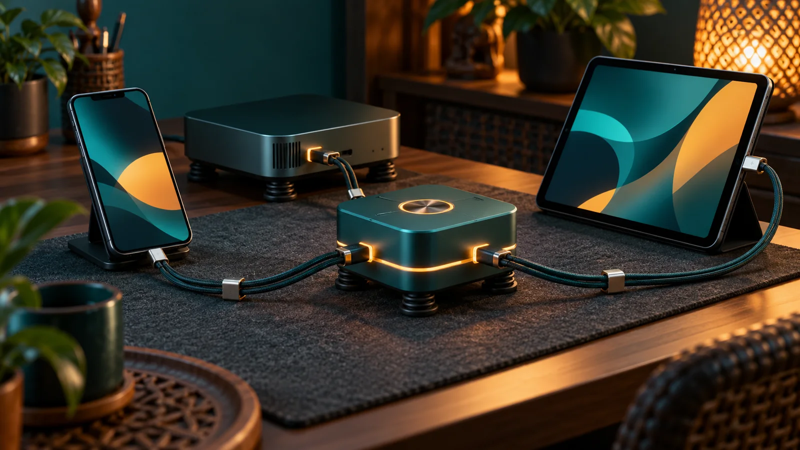 Hub pusat dengan kabel rapi dan peredam getaran menghubungkan beberapa perangkat dalam setup teknologi yang stabil.