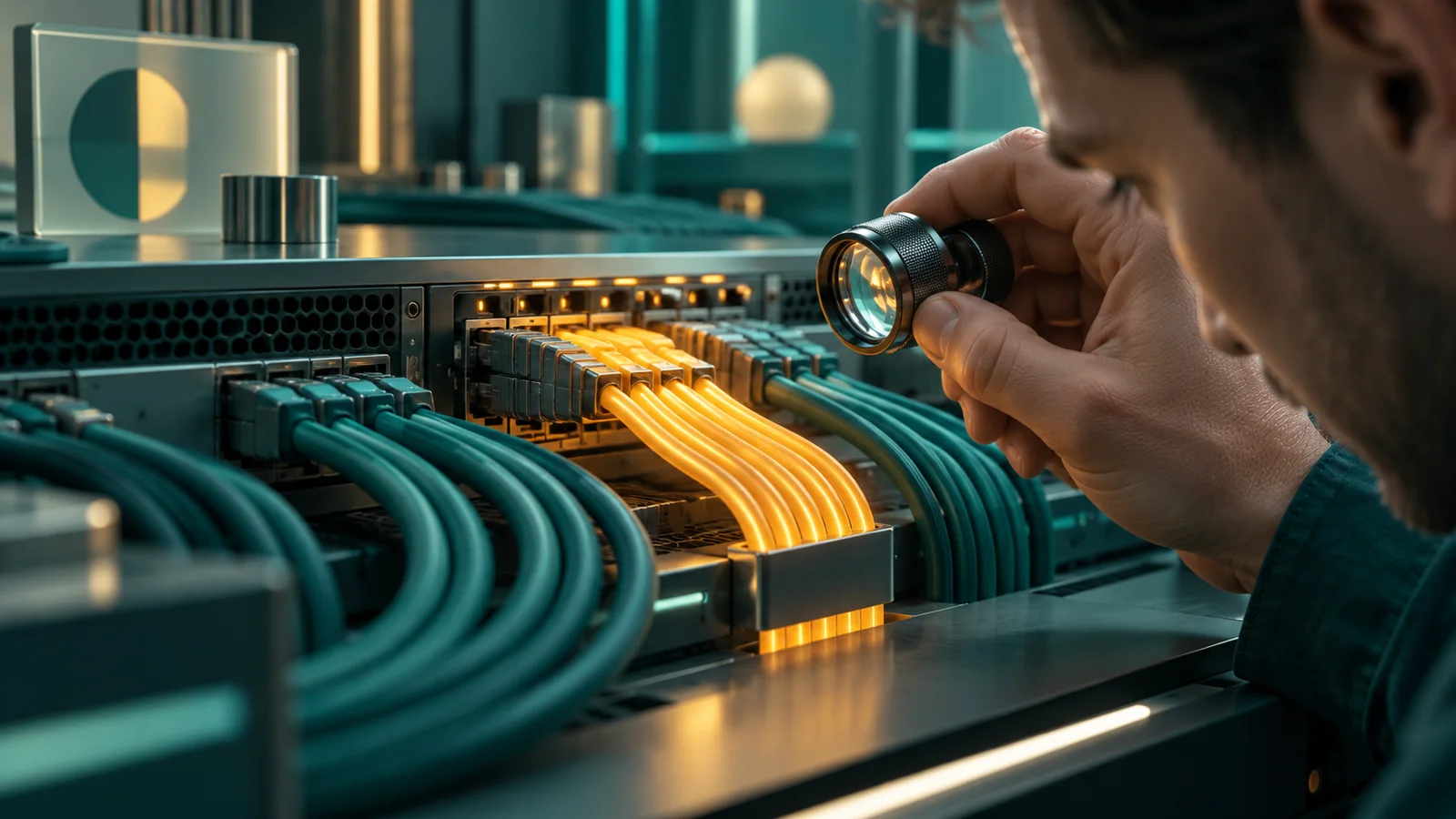 Teknisi memeriksa konektor pada switch server dengan jalur kabel cepat dan rapi