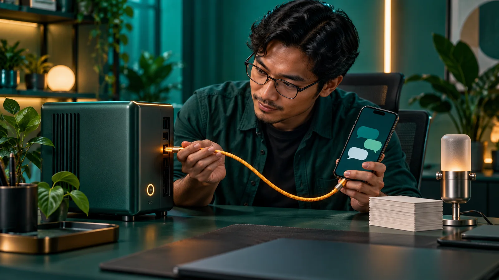 Engineer memeriksa kabel longgar pada perangkat operasional di meja kerja.