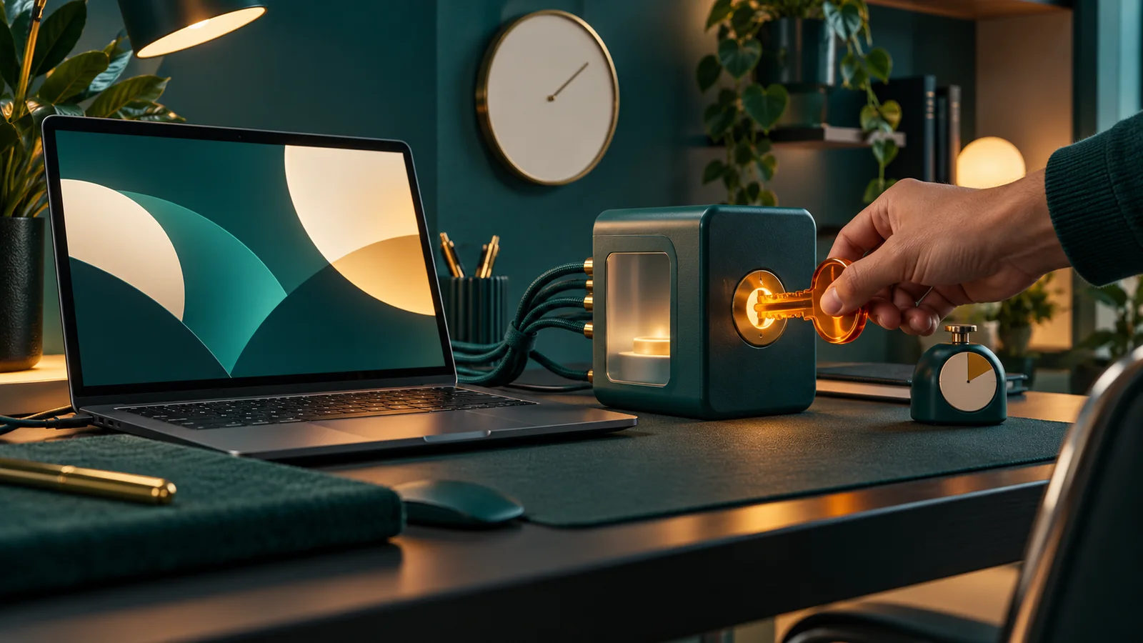 Tangan menyetujui gateway sebelum sesi coding jarak jauh terjadwal berjalan dari laptop.
