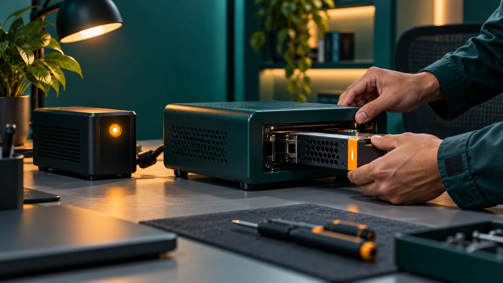 Teknisi memasang kembali modul konfigurasi pada gateway dengan baterai cadangan di meja kerja.