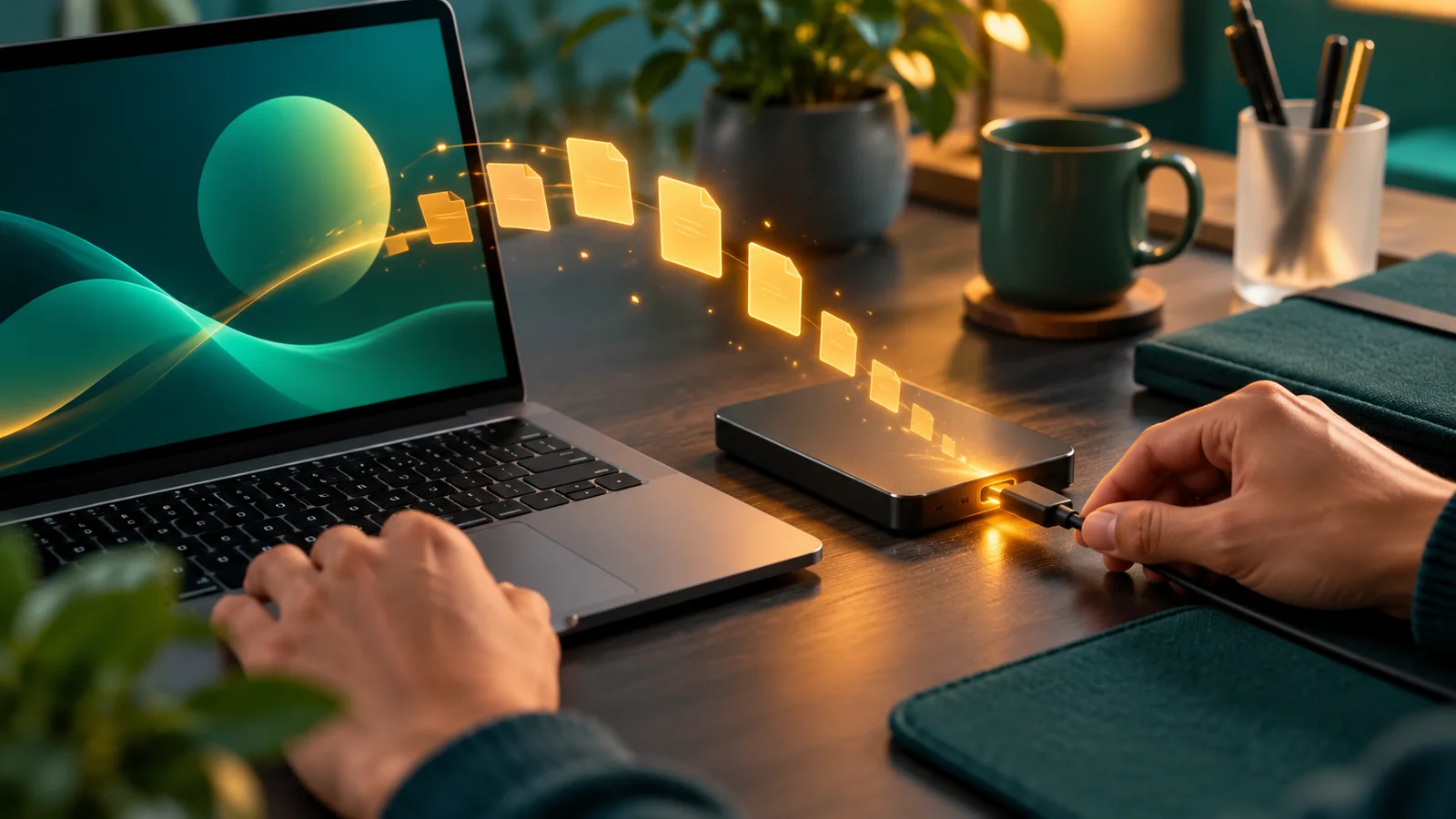 Tangan mencadangkan berkas laptop ke drive eksternal sebelum pembaruan di ruang kerja rumah.